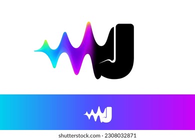 Letter J logo with sound wave flow. Vibrant line glitch effect. Multicolor neon gradient icon. Vector font for audio label, multimedia company advertising, DJ posters, game screens, music identity.