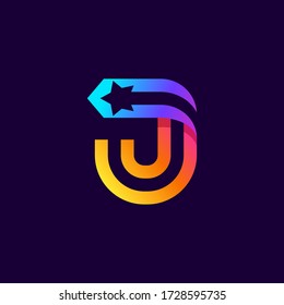 Letter J logo with star inside. Vector parallel lines icon. Perfect font for multicolor labels, space print, nightlife posters etc.