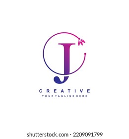 letter J logo template with blue and purple gradient colors with floral ornaments and circular lines. elegant and luxurious letter J logo design. beautiful letter J logo vector. icon J