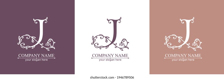 Plantilla del logotipo de la letra J. Monnograma, delicado diseño floral. Logo personal. Diseño de vectores.