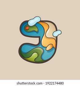 Letter J logo with topographic map line pattern. Outdoor adventure emblem with mountain, ocean, hills, forest, desert, and clouds.