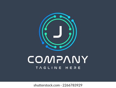 Letter J logotype green and blue colors, Technology, and digital abstract dot connection logo vector.