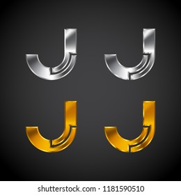 Letter J logotype with Metallic texture, 3d Glossy, Metal texture, Silver and Gold, Steel and Realistic shadow, Blockchain Technology and Interlocking, Bitcoin Cryptocurrency data, Digital concept