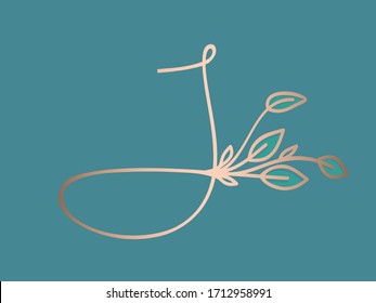 Letter J logo.Typographic icon isolated on teal background. Script lettering sign with leaves shape.Rose gold  alphabet initial.Luxury, fresh, natural, elegant, wedding hand drawn style calligraphy.