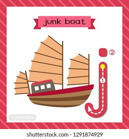 Letter J lowercase cute children colorful transportations ABC alphabet tracing flashcard of Junk Boat for kids learning English vocabulary and handwriting Vector Illustration.