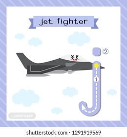 Letter J lowercase cute children colorful transportations ABC alphabet tracing flashcard of Jet Fighter for kids learning English vocabulary and handwriting Vector Illustration.