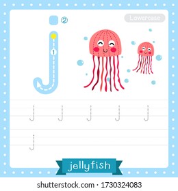 Letter J lowercase cute children colorful zoo and animals ABC alphabet tracing practice worksheet of pink Jellyfish for kids learning English vocabulary and handwriting vector illustration.