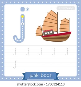 Letter J lowercase cute children colorful transportations ABC alphabet tracing practice worksheet of Junk Boat for kids learning English vocabulary and handwriting Vector Illustration.