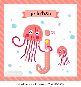 Letter J lowercase cute children colorful zoo and animals ABC alphabet tracing flashcard of Pink Jellyfish for kids learning English vocabulary and handwriting vector illustration.