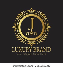 Letter J Luxury brand logo design with a royal gold crown emblem and elegant typography
