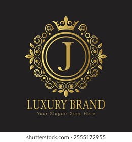 Letter J luxury gold logo concept brand logo design with a royal gold crown emblem and elegant typography
