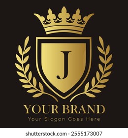 Letter J luxury gold logo concept brand logo design with a royal gold crown emblem and elegant typography
