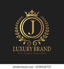 Letter J luxury gold logo concept brand logo design with a royal gold crown emblem and elegant typography
