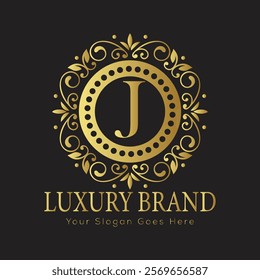 Letter J luxury gold logo concept brand logo design with a royal gold crown emblem and elegant typography
