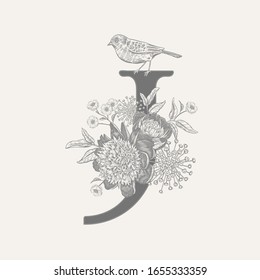 Letter J, luxury peonies, decorative herbs, cute flowers and bird isolated. Vector decoration. Black and white. Vintage illustration. Floral pattern for greetings, wedding invitations, text design