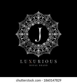 letter J luxury round alphabet logo template vector mandala for premium brand, personal branding identity, boutique, spa, wedding, gown, make up artist and cosmetic