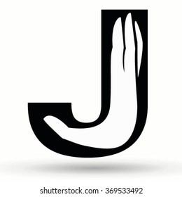 Letter J made from hands. Hand drawn painted .Black and white alphabet font. ABC design concept .Vector calligraphy illustration. For scrap booking, posters, textiles .Isolated on white background.