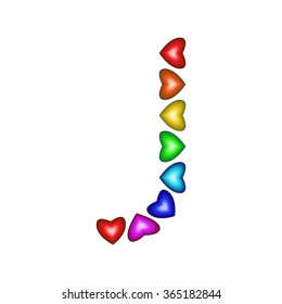 Letter J made of multicolored hearts on white background 