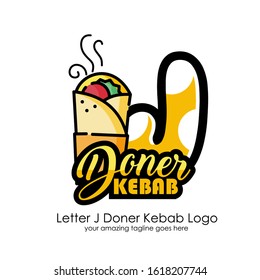 Letter J Meat Kebab Dishes Vector Logo Design Illustration Food on White Background for Turkish and Arabian Fast Food Restaurant and Cafe. Initial Typography Logotype Template