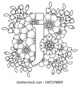 Letter J with Mehndi flower. decorative ornament in ethnic oriental style. coloring book page. 