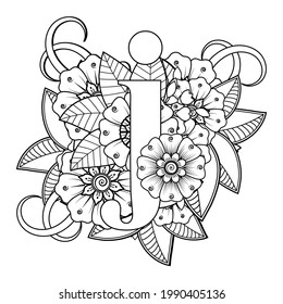 Letter j with Mehndi flower. decorative ornament in ethnic oriental style. coloring book page. 