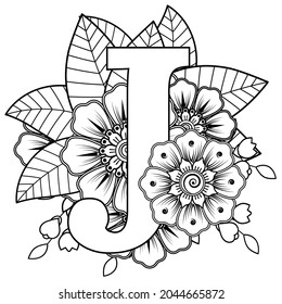 Letter J with Mehndi flower. decorative ornament in ethnic oriental style. coloring book page. 