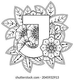 Letter J with Mehndi flower. decorative ornament in ethnic oriental style. coloring book page. 