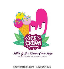 Letter J Melting Ice Cream Balls in the Waffle Cone Isolated on White Background. Vector Flat Modern Style. Colorful Logo in Cartoon Style Illustration for Ice Cream Shop Café and Restaurant