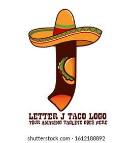Letter J Mexican Meat Taco Dishes with Sombrero Hat Vector Logo Design Illustration Food on White Background for Restaurant and Cafe. Initial Typography Logotype Template