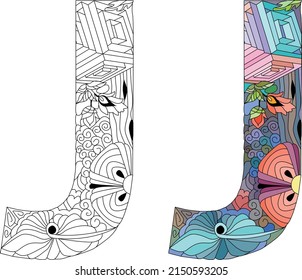 Letter J monogram for coloring, engraving design. Vector illustration. Color and outline set