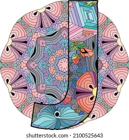 Monograma de letra J sobre mandala, diseño grabado. Ilustración vectorial.