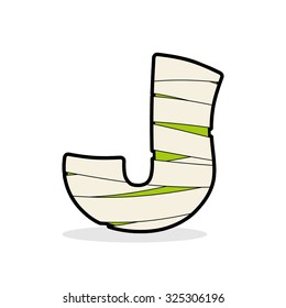 Letter J Mummy. Typography icon in bandages. Horrible Egyptian elements template zombies alphabet. ABC concept type as logotype.