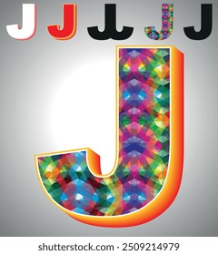 Letter J on triangular pattern mosaic royalty vector, Colorful triangles form J mosaic design, This graphic design is set against J white triangular background, Polygonal 3D Alphabet J, A to Z Letter.