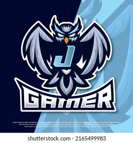 Letter J Owl Mascot esport gaming logo design, owl night bird illustration, bird gamer esport logo