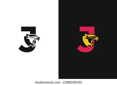 Letter J with panther head illustration in flat design monogram symbol. J panther head icon logo vector.