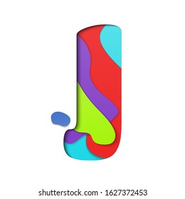 Letter J in paper cut Style with multi color layer isolated on white background