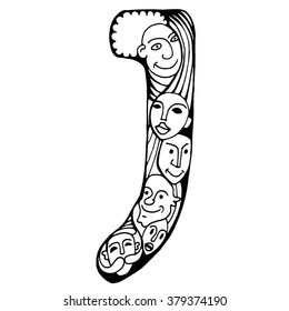 Letter J. People crowd. Isolated alphabet design. Hand drawn vector illustration in cartoon style