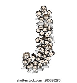 Letter J, people crowd, vector alphabet for your design