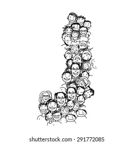 Letter J, people crowd, vector alphabet for your design