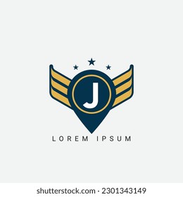 Letter J Pin and wings initial shield with wings logo design