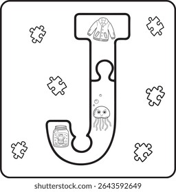 Letter J Puzzle Alphabet  with Objects kids coloring books for kids