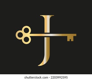 Letter J Real Estate Logo Concept With Home Lock Key Vector Template. Luxury Home Logo Key Sign
