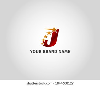 letter J red metallic with five golden star logo template