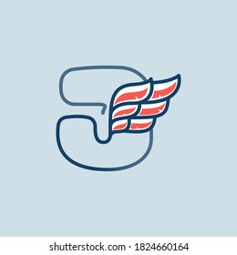 Letter J with red wing inside. Template for sport logo, champion label, hockey emblem, tattoo sign, heraldic stamp. Vector illustration.