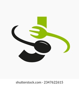 Letter J Restaurant Logo Combined with Fork and Spoon Icon