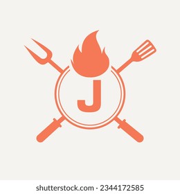 Letter J Restaurant Logo with Grill Fork and Spatula Icon. Hot Grill Symbol