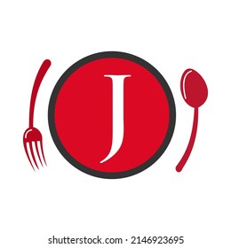 Letter J Restaurant Logo. Restaurant Logotype On Letter J Spoon And Fork Concept Vector