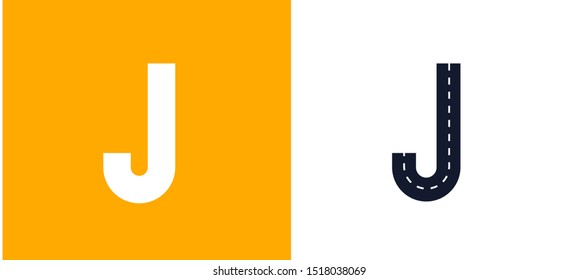 Letter J. Road font. Typography vector design with street lines.On white and yellow background.