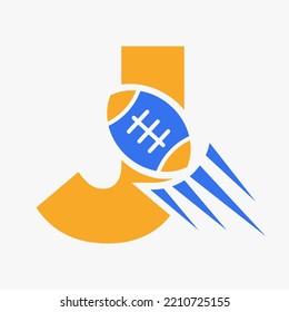 Letter J Rugby Logo Concept With Moving Rugby Ball Icon. Rugby Sports Logotype Symbol Vector Template