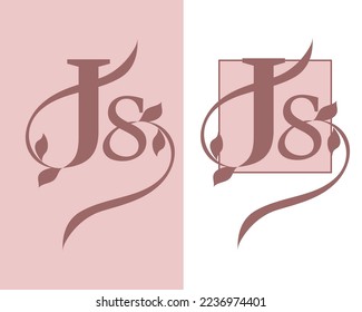 Letter J and s logo. Typographic icon in pink colour .Serif uppercase lettering. Initial character with ractangel frame and leaf swirl.Luxury style sign.